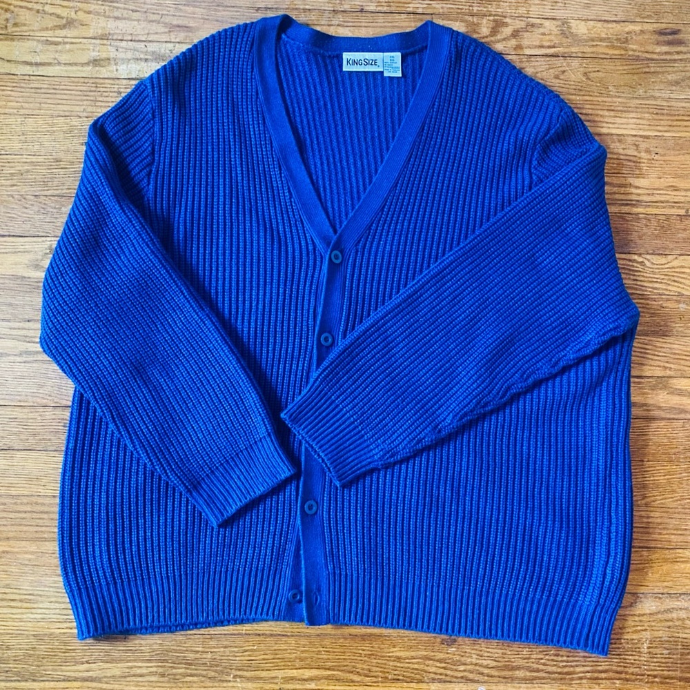 VINTAGE BLUE OVERSIZED FISHERMAN’S RIBBED KNIT CARDIGAN